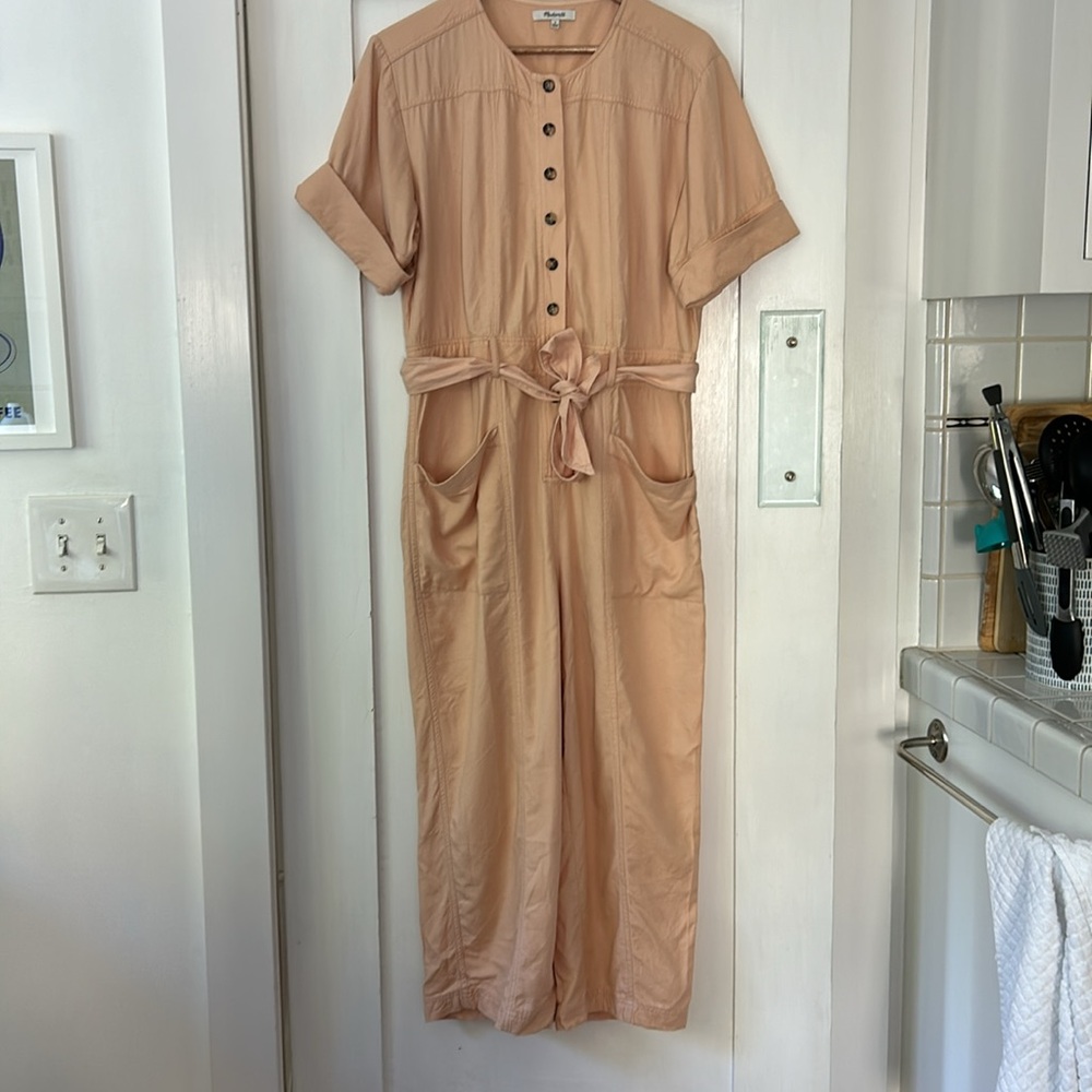 Madewell salmon color short sleeved, ankle length jumpsuit.